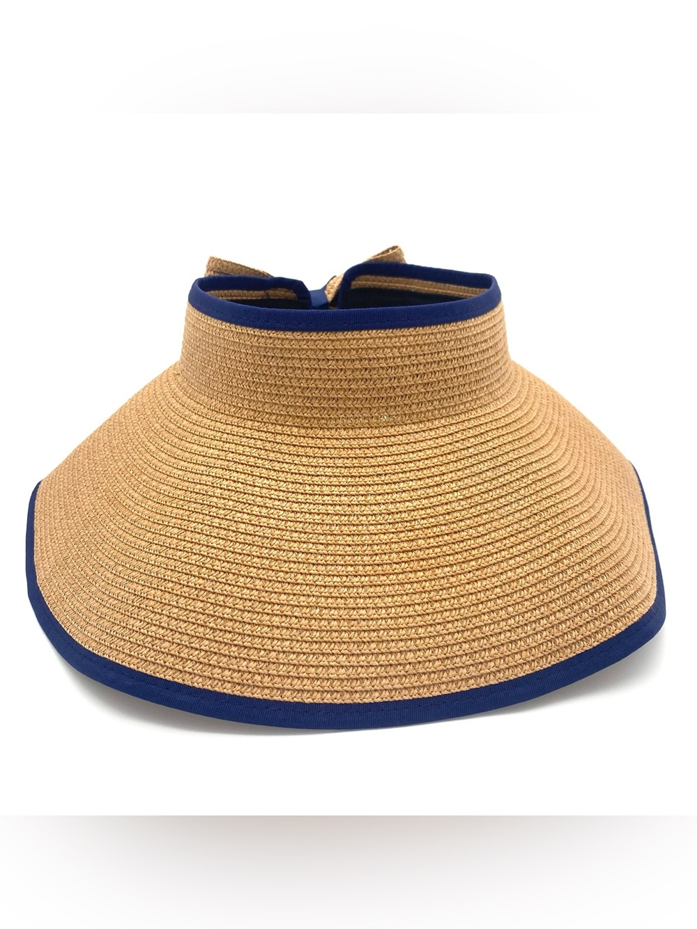 Straw Summer Sun Visor Beach Hat Wide Brim Bow  Women’s Navy & Tan Adjustable